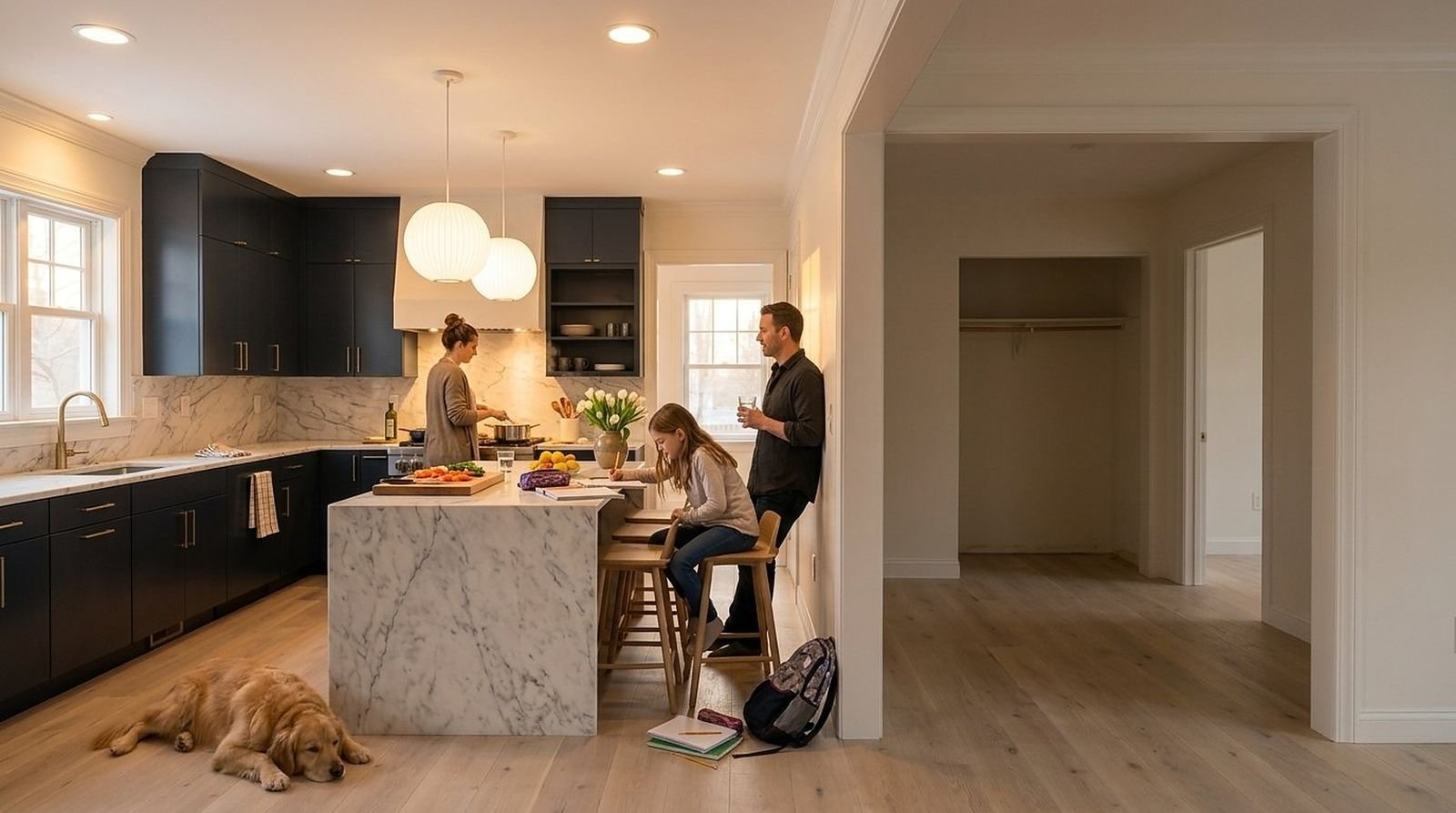The finished kitchen with a family at home, Signature finish